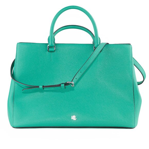NWOT Lauren Ralph Lauren Large Hanna Satchel Crosshatch Leather Emerald Green - Picture 1 of 11